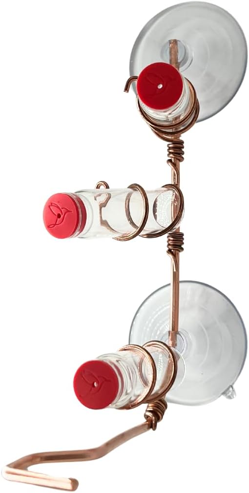 Window Hummingbird Feeder | Handcrafted Copper and Aluminum | Multiple Stations | Modern Hummingbird Feeder | Glass Bottles | Suction Cups (Copper, Three Station)
