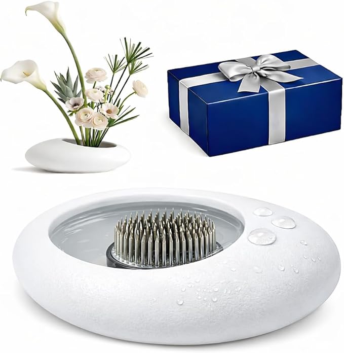Flower Frog Vase Kit – Japanese-Inspired Arita-Style Glazed Ceramic Ikebana Vase with Kenzan & Gift Box, for Floral Arranging, Home & Office Decor, Relaxing Ambience (White Small)