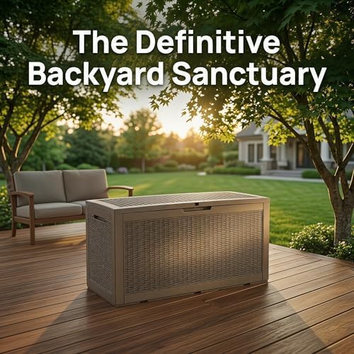 100 Gallon Deck Box, Waterproof Resin Outdoor Storage Box with Lockable Lid, Patio Storage Box with Fade Resistant for Patio Furniture Cushions, Pool Accessories, Garden Tools, Light Coffee