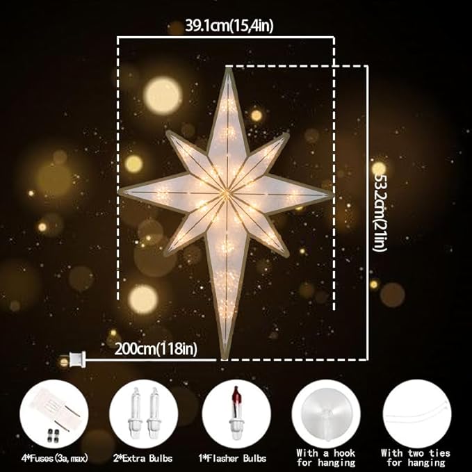 17'' Merry Christmas Lighted Sign - Bethlehem Star Window Silhouette Lights with 20 LEDs, Double-Sided 3D Holiday Decoration for Christmas Window & Home Display