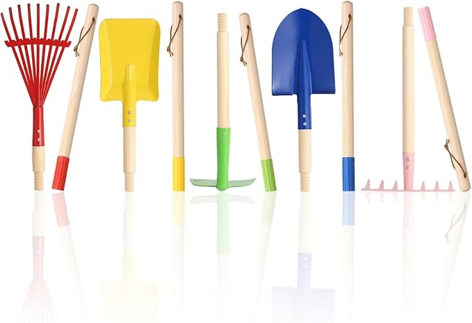 5 PCS 28" Detatchble Kids Gardening Tools, Metal Beach Digging Toys with Sturdy Wooden Handle, Safe Backyard Snow Sensory Playset Including Hoe, Tooth & Leaf Rakes, Flat & Pointed Shovels for Children