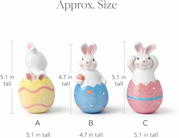GoGnome 3-Pack Easter Decorations Resin Bunny in Cracked Egg Shell Figurines 5.1''H – Spring Tabletop & Mantel Decor, for Home (Blue/Yellow/Pink)