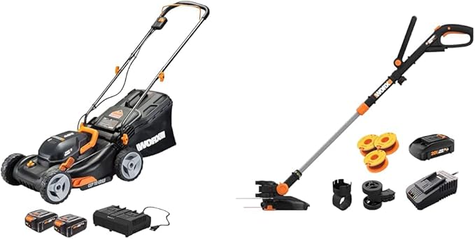 Worx 40V 17" Cordless Lawn Mower & 20V 12" String Trimmer/Edger/Mini-Mower Bundle with Batteries & Chargers
