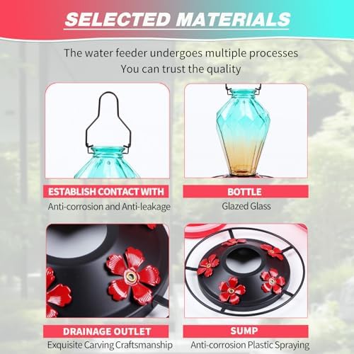MCHBF Glass Hummingbird Feeders for Outdoor Hanging, 24 OZ Red and 25 OZ Green
