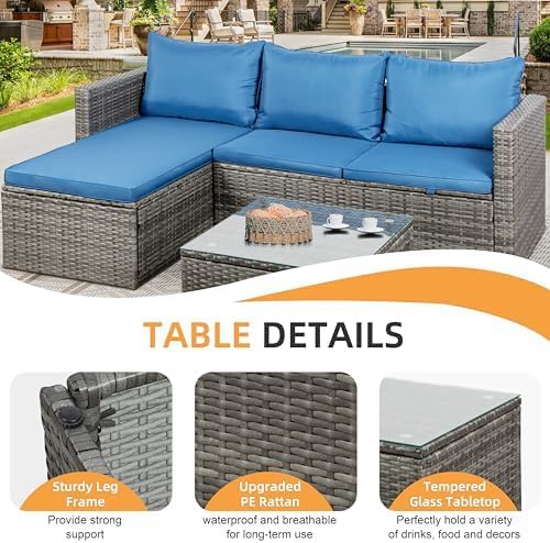 Shintenchi 4 Pieces Patio Furniture Sets, Outdoor Sofa Patio Sectional Sets All Weather, Wicker Rattan Seating Sofa Couch withwith Cushions & Coffee Table for Yard, Garden, Porch, Poolside (Blue)