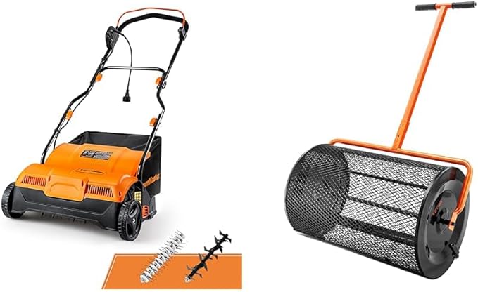LawnMaster 16” Electric Dethatcher Scarifier and VEVOR 24” Steel Compost Spreader Bundle for Lawn and Garden