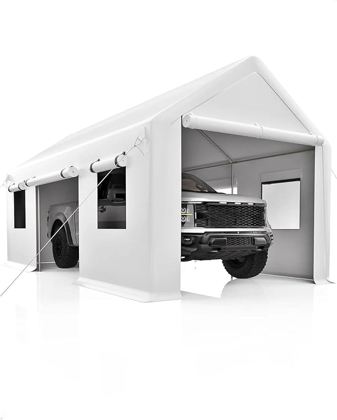 Heavy Duty Carport 10x20ft - Portable Garage with Roll-Up Windows, Removable Sidewalls & Doors, All-Season Tarp for Car, Boat, Truck, Motorcycle - White