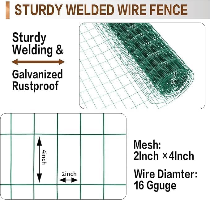 Tongmo 5 ft x 100 ft Green PVC Coated Chicken Welded Wire Fence, 16GA Garden Chicken Wire Fence Roll, Mesh Size 2" x 4" Hardware Cloth, Ideal for Yard Protection and Poultry Netting