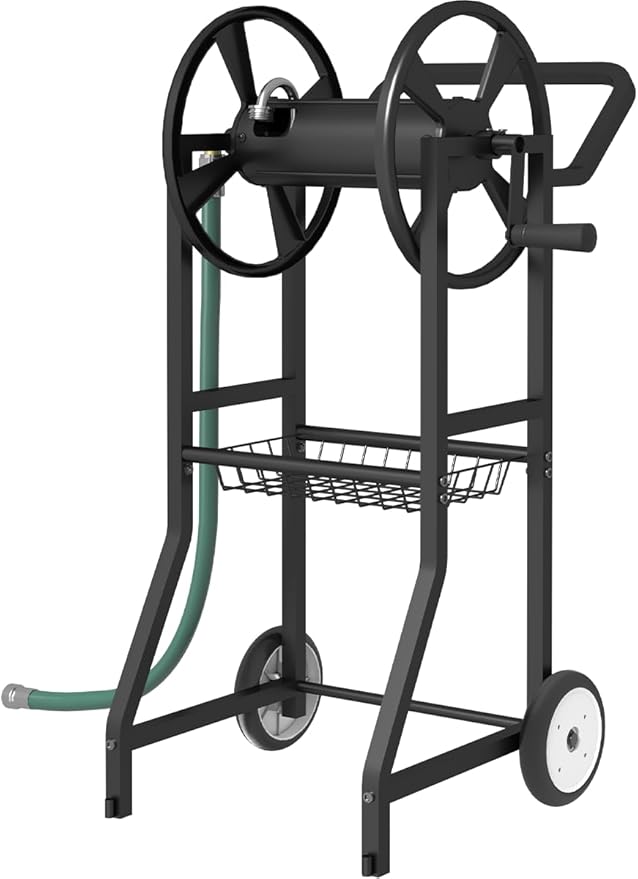 Artigarden Garden Hose Reel Cart with Wheels, Outdoor Heavy Duty Powder Coated Steel Water Winder Storage Holds 125 ft 5/8" Hoses with 3.9ft Leader Hose and Basket for Backyard, Yard, Lawn, Black