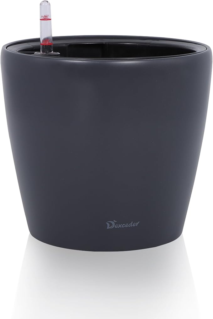 Dexceder 9x8 Self Watering Planter (Slate Gray Matte) | Inner Pot Design, Thickened Table Flower Plant Pot with Water Level Indicator Indoor Outdoor