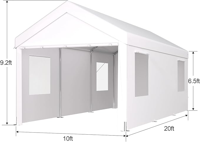 10x20FT Canopy, Outdoor Portable Garage with 2 Roll-Up Doors & 4 Ventilated Windows, Patio Camping Heavy Duty Car Port Canopy with PE Cover, Ground Pegs & Steel Cables, Easy Assembly, White