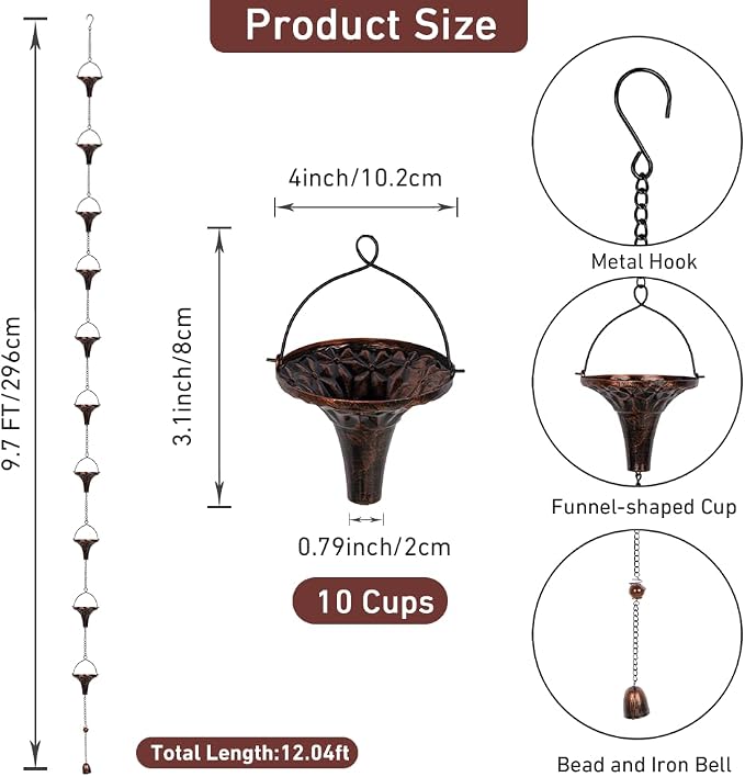 9.7ft Rain Chain with 10-Cup for Outside Gutters,Eaves, Drainage | Metal Rain Chain, Decorative Replacement Downspout, Adjustable Length, Brown