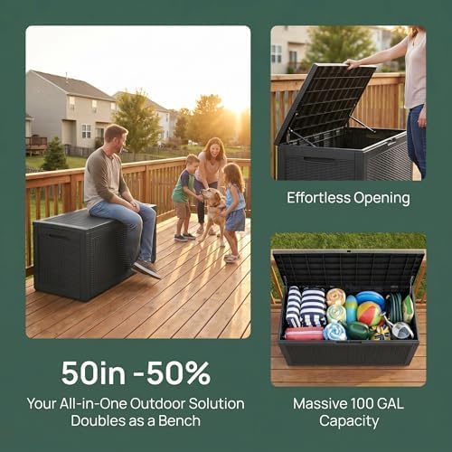 100 Gallon Deck Box, Waterproof Resin Rattan Outdoor Storage Box with Lockable Lid, Fade Resistant Patio Storage Box for Garden Tools, Pool Accessories, Outdoor Cushions, Black