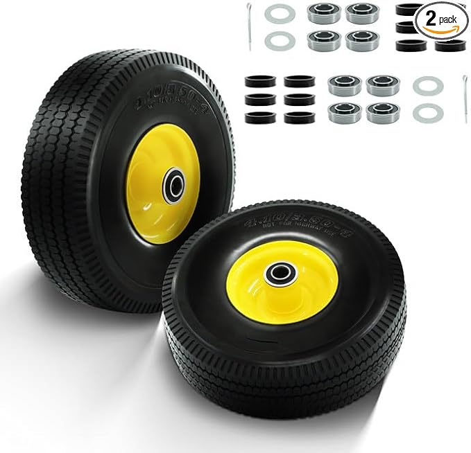 4.10/3.50-4 Tire and Wheel Flat Free, with 5/8” Axle Bore Hole, Extra 3/4”&1/2” Bearings, 2.2” Offset Hub,10” Solid Polyurethane Tires for Hand Trucks, Dollies, Garden Trailer (2Pack)