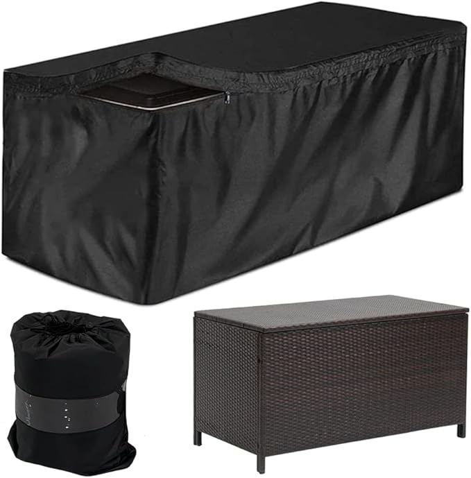 Deck Box Cover Heavy Duty Waterproof Outdoor Ottoman Bench Cover for Keter Large Deck Boxes Rectangular Storage Box Cover with Drawstring and Zipper (62x32x28in)