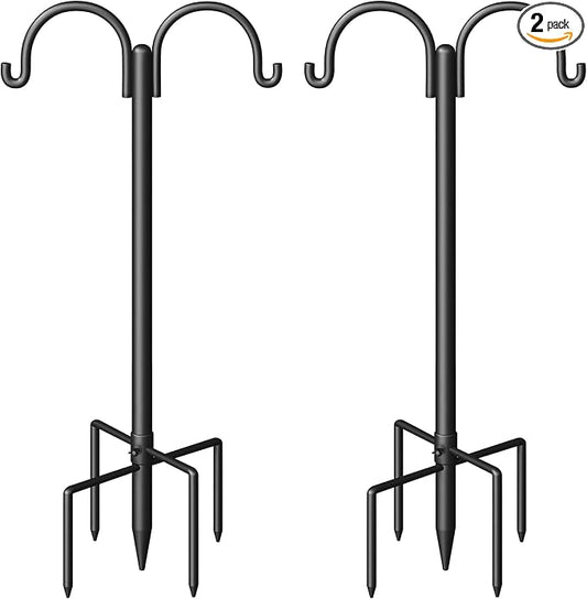 Double Shepherds Hooks for Outdoor, 60" Heavy Duty Bird Feeder Pole with 5-Prong Base - Rust-Proof, Adjustable Bird Feeder Hanger for Garden, Wedding Decor & Hanging Plants