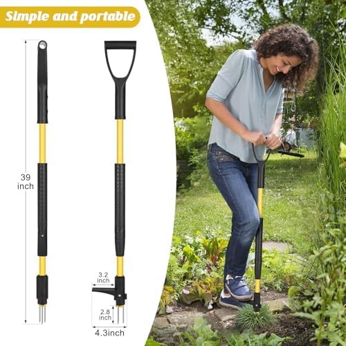 39" Stand Up Weed Puller Tool - Heavy Duty Detachable 3-Claw Weeder with Ergonomic Long D-Handle Lawn Leveling Rake 17x10 inch, Heavy Duty Ground Leveler for Soil, Sand