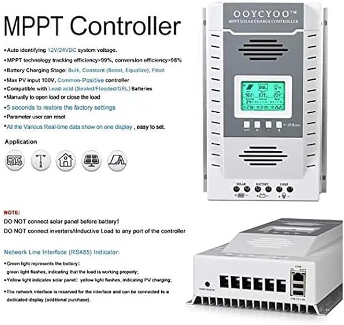 MPPT Charge Controller 100 amp 12V/24V Auto, 100A Solar Panel Charge Regulator with Blacklight LCD Display Max 100V for Lead-Acid Sealed Gel AGM Flooded Lithium Battery