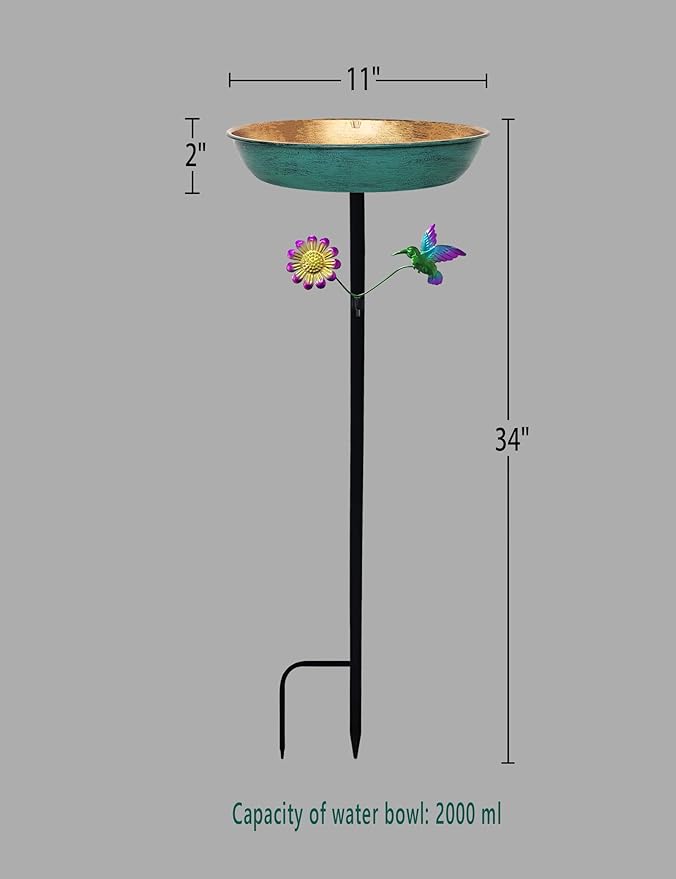 Freestanding Outdoor Bird Bath - 11 Inch Green & Bronze Birdbath Bowl & Feeder with Metal Stake 0.5 Gallon Garden Yard Patio Lawn Decor