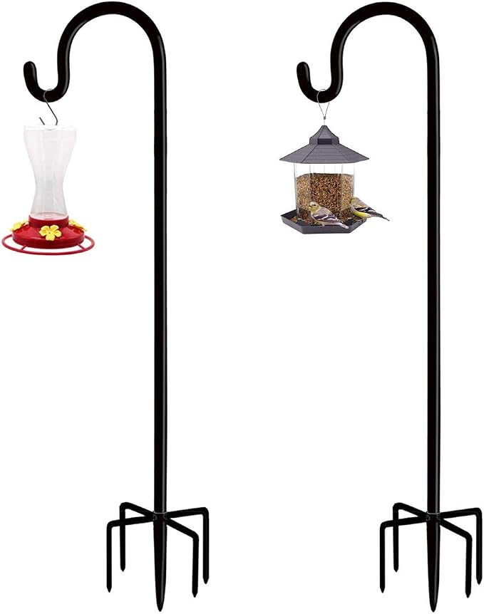 Adjustable Outdoor Shepherd Hook Stand with 5 Prong Base, 92 Inches Tall 3/5 in Thick, Shiny Black (2 Packs)