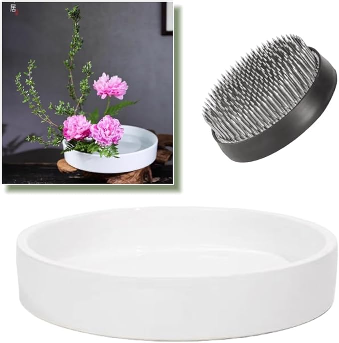 8.5inch Japanese Ceramic Ikebana Vase Kit with 2.4inch Metal Floral Frog Round Stems Holder, Japanese Flower Arranging Supplies Kenzan Flower Container (White)
