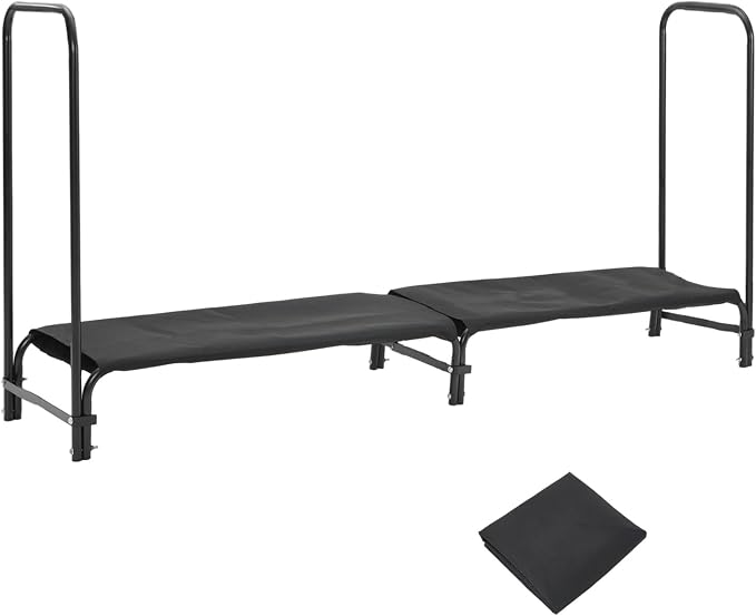 8ft Firewood Rack Holder with Cover, Heavy Duty Fire Log Stacker Stand for Fireplace, Outdoor Indoor Metal Wood Pile Storage Organizer, Patio Logs Stand tool, Black