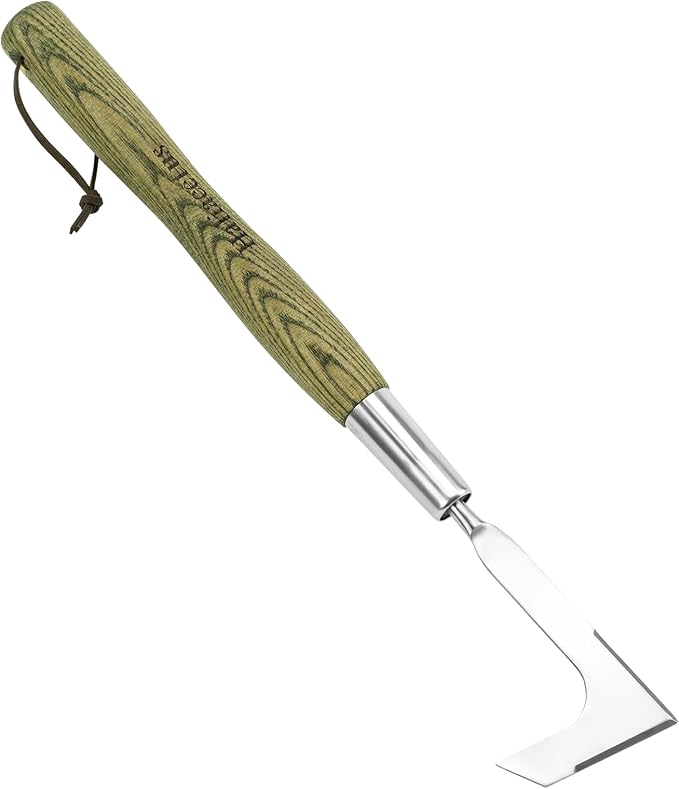 Haliaeetus Crack Weeder Tool, 17'' L-Shaped Stainless Steel Crevice Weeding Tool, Comfortable Wooden Handle Paver Weeder, Sidewalk Weed Removal Tool for Driveway, Bricked Patio and Terrace Paving Moss