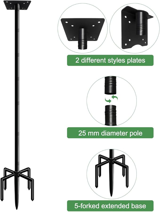 90 Inch Bird House Pole Mount Kit, Adjustable Heavy Duty Bird Feeder Pole for Outdoors, Universal Mounting Post Set with 5-Prong Base, Black, 1 Pack