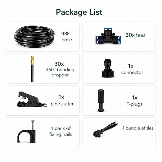 360° Adjustable Drip Irrigation System - Compatible 1/4" Irrigation System, 50FT Garden Watering Atomizing System with 15 Nozzles, Greenhouse Accessories for Yard, Lawn, Plants, Garden (98Ft)