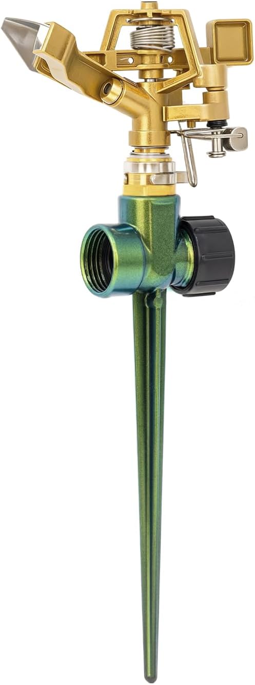 RESTMO Heavy Duty All-Metal Impact Sprinkler, Zinc Alloy Lawn Sprinkler Head on Sturdy Spike Base, 360° Adjustable Coverage Nozzle for Large Area Irrigation