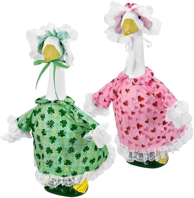2 Sets Holiday Porch Goose Outfits for Valentine and St. Patrick,23" Porch Goose Clothes for Patio Yard Lawn Decor