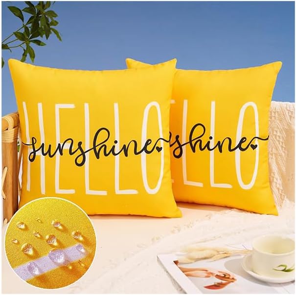 DFXSZ Outdoor Pillow Covers Set of 2 Hello Sunshine Decor Waterproof Throw Pillow Covers Summer Outdoor Waterproof Pillow Covers Decor for Patio Funiture Garden Sofa Couch 22x22 Inch Yellow 20B22