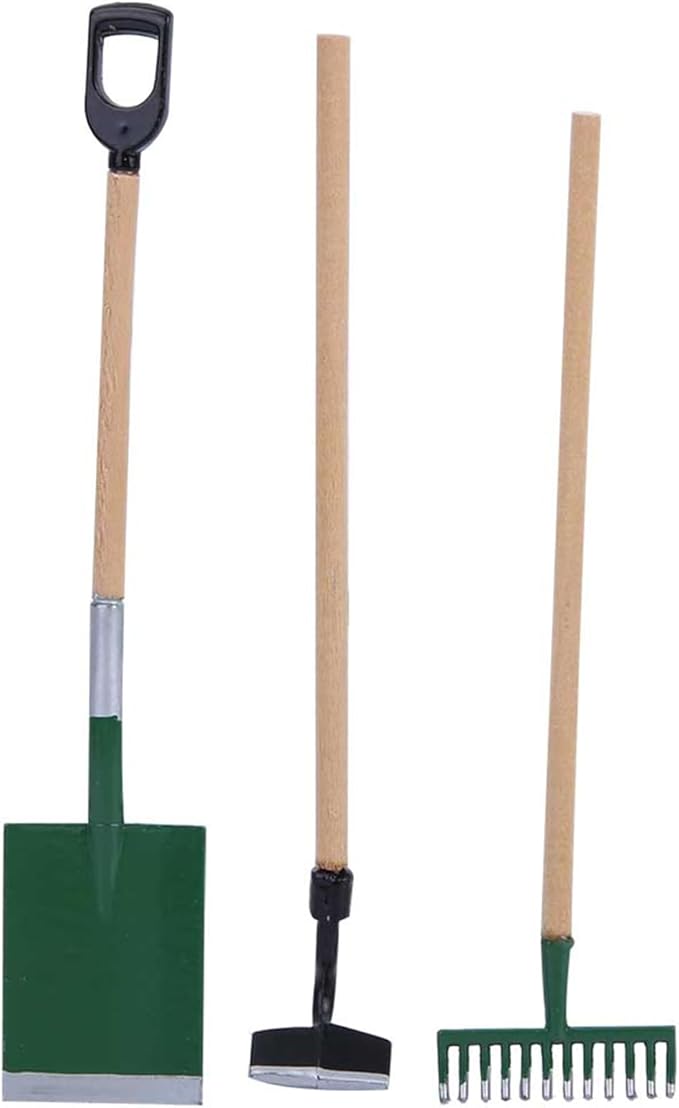 Miniature Garden Tools, 5 Pcs of Garden Scene Model Mini Garden Tools, Doll House 1/12 Scale Accessories, Spade Pestle Rake Cart and Kettle for Doll House Garden Decor Accessories