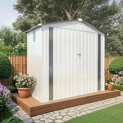 YOPTO Sheds & Outdoor Storage 6X4 FT,Metal Waterproof Tool Sheds with Side Window and Lockable Door,Backyard Buildings House W/Pitched Roof & Vents,for Garden,Lawn,Garbage Enclosure,White+Gray