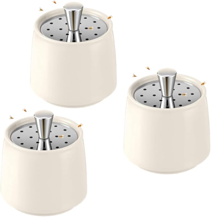 Ceramic Fruit Fly Trap for Indoors, Reusable Kitchen Fly Catcher with Stainless Steel Vent Lid, Uses Safe & Natural Vinegar Bait Trap, Dishwasher Safe, Easy to Use (White,3 Pack)