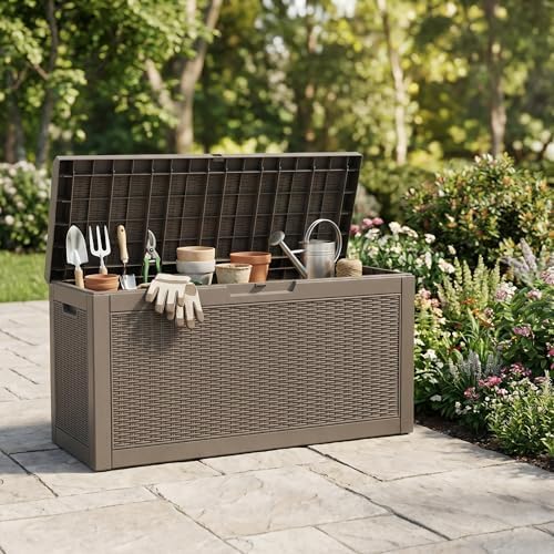 60 Gallon Deck Box, Waterproof Resin Outdoor Storage Box with Lockable Lid, Patio Storage Box with Fade Resistant for Patio Furniture Cushions, Pool Accessories, Garden Tools, Light Coffee