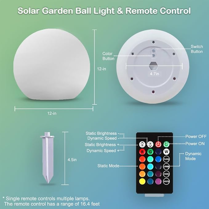 12-inch Dimmable Solar Globe Light, RGB 16 Color Changing Large Glowing Orb Light w/Remote, Waterproof Outdoor Solar Ball Lights with Ground Stake, Perfect for Backyard Garden Poolside