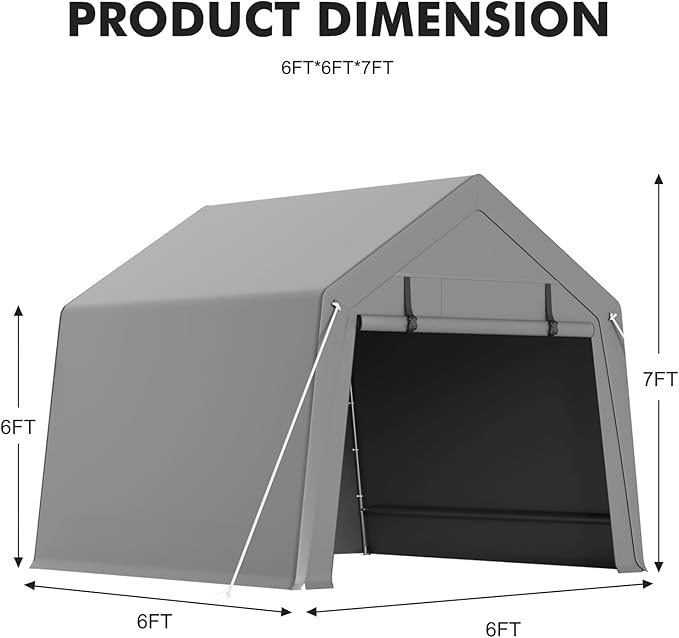 6x6 ft Carport Storage Shed, Portable Garage with Roll-Up Zipper Door, Heavy Duty Waterproof Tarp, Easy to Set Up, Storage for Motorcycle Bike Firewood Garden Tools