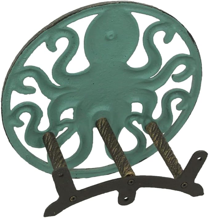 Zeckos Verdigris Octopus Garden Hose Hanger - Cast Iron Decorative Wall-Mounted Holder - 12-Inch Diameter - Stylish Outdoor Decor for 75–100 ft Capacity