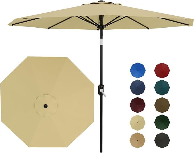 10 ft Patio Umbrella - 8 Sturdy Ribs Outdoor Table Umbrella with Crank Lift & Push Button Tilt - Market Umbrella for Pool, Deck, Yard, Garden -Beige