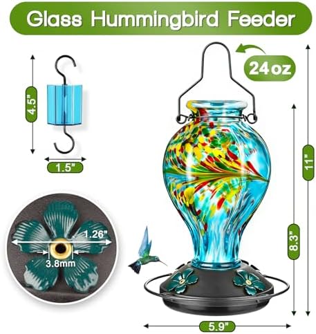 24oz Hand Blown Glass Hummingbird Feeders for Outdoors Hanging 1 Pack Blue Phoenix, 20oz Wild Bird Nectar Feeder 1 Pack Red