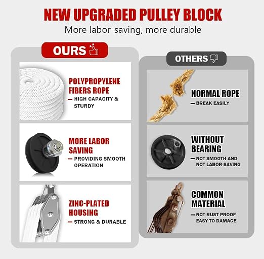YATOINTO Rope Pulley Hoist with Metal Bearing 4400 LB, 8:1 Pulley Block and Tackle System, Pulley Block 2200LB Loading Capacity, 65ft Heavy Duty Rope Hoist for Hunting Garage Warehouse Constructions