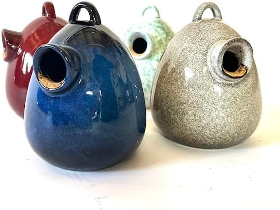Byer of Maine Egg Bird Home for Small Songbirds, Cobalt Blue, High Fired Porcelain Stoneware, Ceramic Bird House, Glaze Finish, with Forged Steel Hook