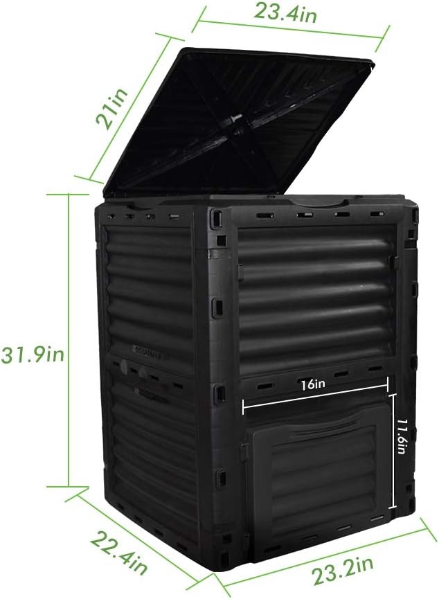 EJWOX 80 Gallon (300L) Large Capacity Static Compost Bin - Sturdy Outdoor Waste Composter with Easy-Access Hatch, Efficient Aeration System for Fast Organic Fertilizer Creation, Black