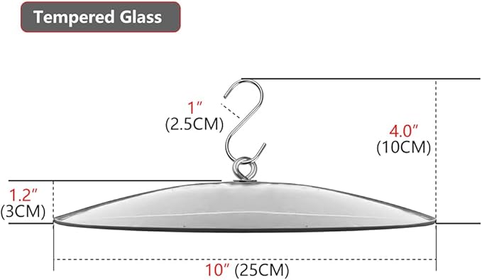 10" Glass Rain Cover for Wild Bird Feeder Outdoors - Weather Guard S Hook Hanging - Protective Dome Baffle - Clear (Dia. 25CM)