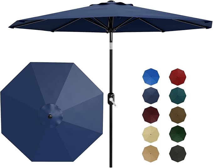 Garvee 9 ft Patio Umbrella - 8 Sturdy Ribs Outdoor Table Umbrella with Crank Lift & Push Button Tilt - Market Umbrella for Pool, Deck, Yard, Garden - Navy Blue