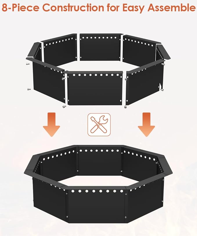 Mocomax Smokeless Fire Pit Ring 35-Inch Outer 31-Inch Inner Diameter, Large Solid Steel Firepit Liner for Outside Wood Burning, DIY Campfire Ring Above or In-Ground for Outdoor, Octagonal