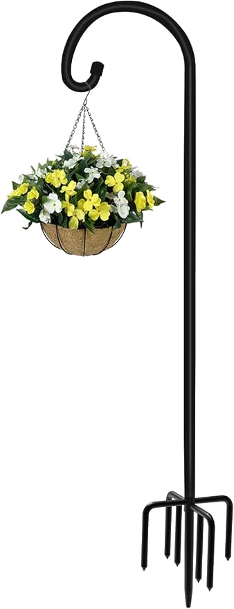 Artigarden 76 inch Outdoor Shepherd Hook with 7 Prong Base (1 Pack), Adjustable Heavy Duty Garden Hanging Stake for Bird Feeder Solar Light Plant Hanger Wedding Decor, Matte Black