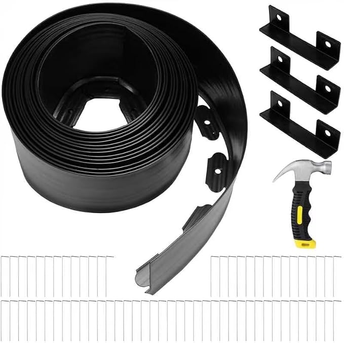 FoldTier 6 Inch Tall 33 ft Length No Dig Landscape Plastic Edging Kit with Hammer Spikes Plastic Garden Flower Bed Edging Landscape Edging Border for Gardens Border Lawn Grass Yard(Black)