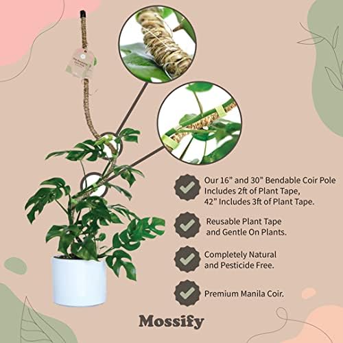 Mossify Bendable Coir Pole for Plants – 42” Premium Manila Coir Moss Pole Monstera Plant Support for Indoor & Outdoor Plant Climbing Support - Comes with Reusable Tape for Durable Plant Pole